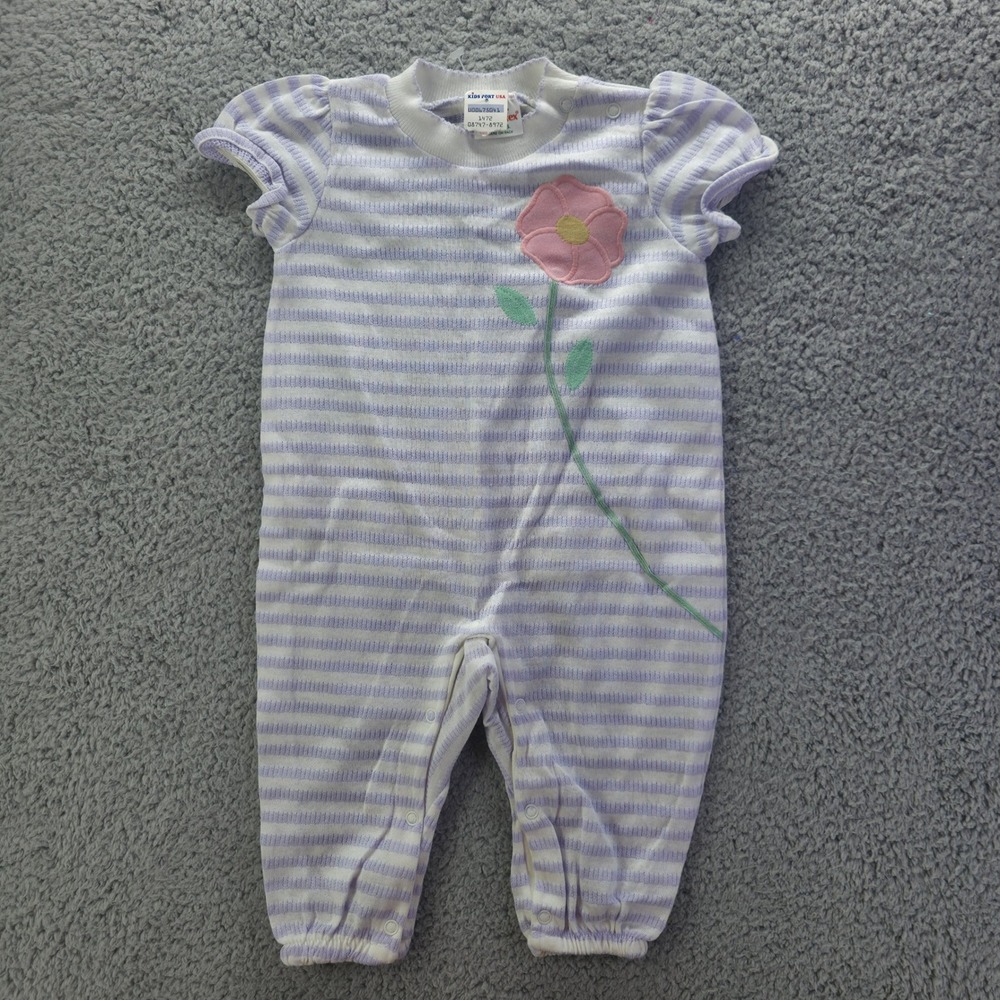 Vintage Health-tex Baby Girl Purple Striped Flower Romper 18 Months Made in USA